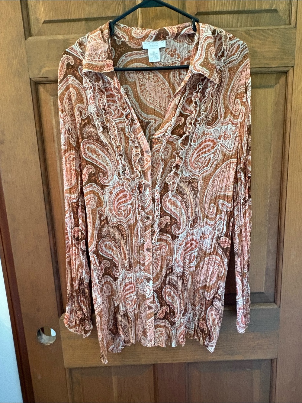 Worthington Rust and Cream Paisley Ruffle Button-Down Shirt